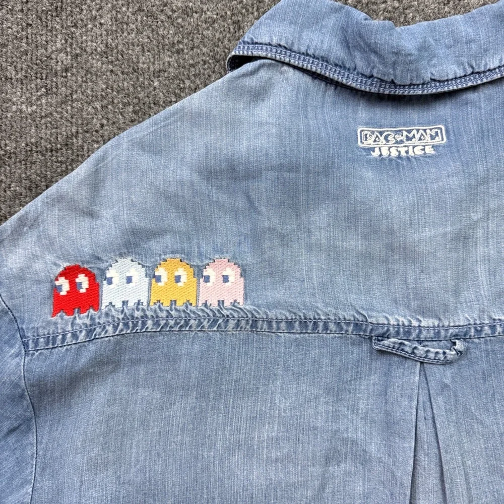Justice Pac-Man Denim Shirt Girls Large 12/14 Embroidered Raw Hem Gamer Chambray
